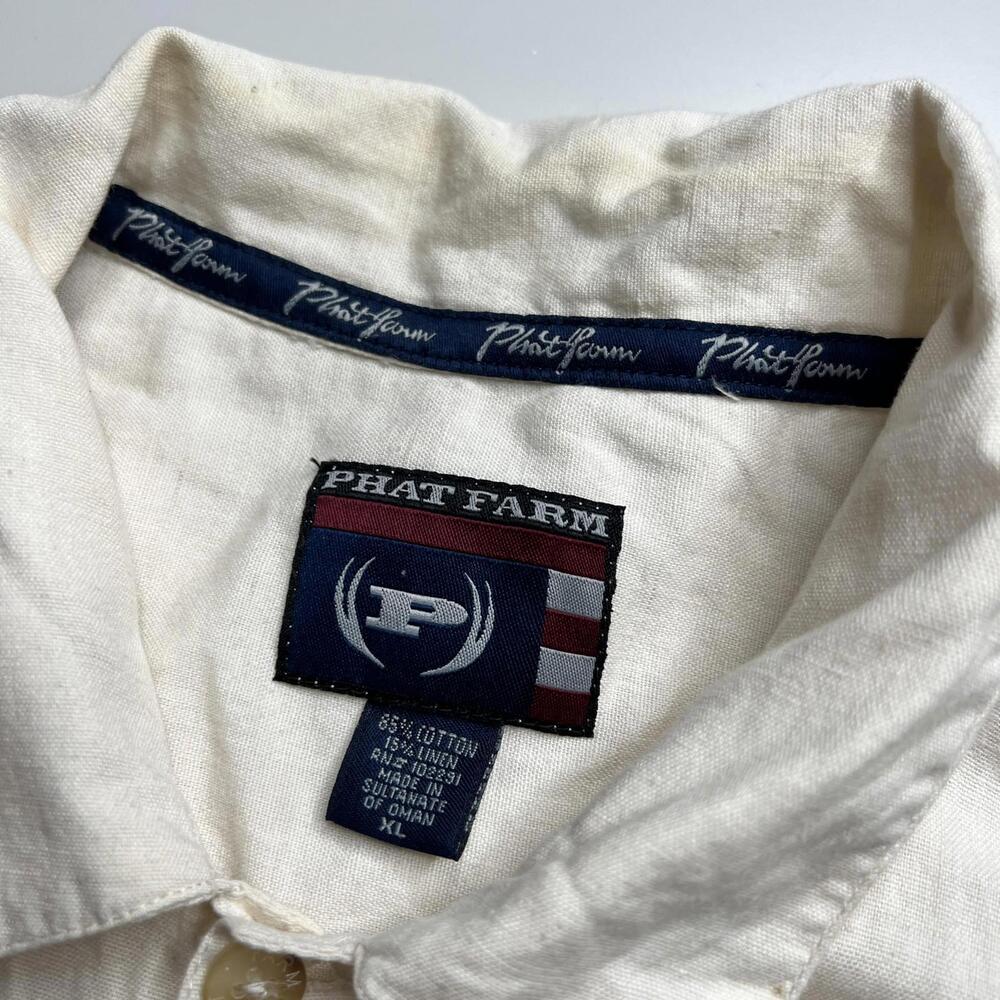 Phat Farm Shirt Mens 2XL White Cotton Linen Short Sleeve Button Up Logo Casual - Picture 3 of 6